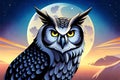 Owl isolated on dark background. Wild bird of prey. night scene with a moon. ai generated