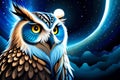 Owl isolated on dark background. Wild bird of prey. night scene with a moon. ai generated