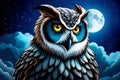 Owl isolated on dark background. Wild bird of prey. night scene with a moon, clouds, stars. ai generated