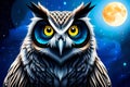 Owl isolated on dark background. Wild bird of prey. night scene with a moon, clouds, stars. ai generated