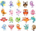 Owl kids. Cute baby birds in various poses vector colored funny wild animals cartoon collection Royalty Free Stock Photo