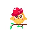 Owl lady with hat on the branch with leaves. Cartoon bird emoji and sticker. V