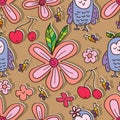 Owl like flower cute seamless pattern Royalty Free Stock Photo