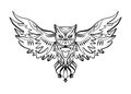 Owl tattoo outline. Boho tribal style. Line ethnic ornaments. Poster, spiritual art, symbol of wisdom. Antistress art