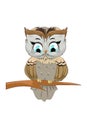 A little owl with blue eyes on tree branch design cartoon Royalty Free Stock Photo