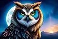 Owl looking at the camera. Wild bird of prey. night scene with a moon. ai generated Royalty Free Stock Photo