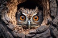 Owl looking out of a hole in a tree in the forest, A curious owl with wide eyes peeping from the hollow of an ancient tree, AI Royalty Free Stock Photo