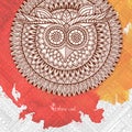 Owl mandala with abstract ethnic ornament pattern, colorful watercolor background.