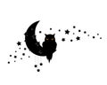 Owl silhouette on moon and stars, cartoon illustration