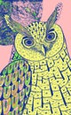 Owl and the moon. Colorful reaistic drawing. Psychedelic cartoon style. Graphic sketch. Vector illustration