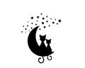 Two cats silhouettes sitting on the moon, vector. Cartoon character. Wall decals, artwork, minimalist wall art