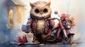 An owl on a moped carries coffee and pizza. Animal courier. Night delivery concept. Owlet cute on