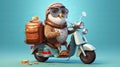 An owl on a moped carries coffee and pizza. Animal courier. Night delivery concept. Owlet cute on