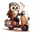 An owl on a moped carries coffee and pizza. Animal courier. Night delivery concept. Owlet cute on