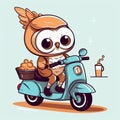 An owl on a moped carries coffee and pizza. Animal courier. Night delivery concept. Owlet cute on