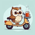 An owl on a moped carries coffee and pizza. Animal courier. Night delivery concept. Owlet cute on