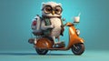 An owl on a moped carries coffee and pizza. Animal courier. Night delivery concept. Owlet cute on