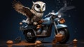 An owl on a moped carries coffee and pizza. Animal courier. Night delivery concept. Owlet cute on