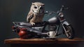 An owl on a moped carries coffee and pizza. Animal courier. Night delivery concept. Owlet cute on