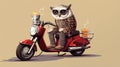 An owl on a moped carries coffee and pizza. Animal courier. Night delivery concept. Owlet cute on