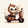 An owl on a moped carries coffee and pizza. Animal courier. Night delivery concept. Owlet cute on