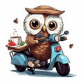 An owl on a moped carries coffee and pizza. Animal courier. Night delivery concept. Owlet cute on