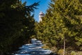 Long snowy path to highest peak of Owl Mountains Great Owl with view to top part of viewing