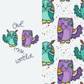 Owl my world. Seamless pattern with cute owls. Happy birds, doodle hipsters print