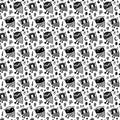 Owl nocturnal animals snakes hand drawn seamless pattern in cartoon comic style black white