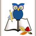 Owl with open books and pencils