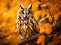 Owl in orange forest yellow leaves. Long-eared Owl with orange oak leaves during autumn. Wildlife scene fro nature Sweden