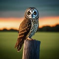 Owl pearched on a wooden post at sunset