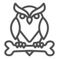 Owl perched on bone line icon, halloween concept, owl and bone sign on white background, scary bird icon in outline