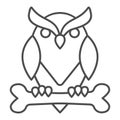 Owl perched on bone thin line icon, halloween concept, owl and bone sign on white background, scary bird icon in outline