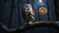 An Owl Perched on a Mossy Branch Watching a Floating Pancake Under Moonlight Royalty Free Stock Photo