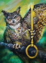 Owl perched on branch holding key