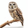 Owl is perched on branch, with its head turned to right. The bird\'s eyes are open and looking at something in front of Royalty Free Stock Photo
