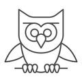 Owl perched on branch thin line icon, halloween concept, owl and stick sign on white background, scary bird icon in
