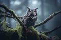 owl perched on moss tree branch in the forest, mist forest, ai generated Royalty Free Stock Photo