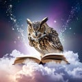 Owl perched on open book in clouds Royalty Free Stock Photo