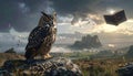 Owl perched on rock with flying book Royalty Free Stock Photo
