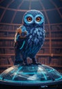 Futuristic owl with advanced tech augmentation in a library setting artwork Royalty Free Stock Photo