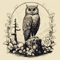 Vintage Gothic Realism: Hand-drawn Owl In Forest