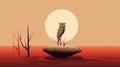 Minimalistic Owl Illustration In Flat Colors With Eerie Landscape