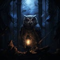 High Fantasy Owl Art: Nighttime Encounter With Lantern Royalty Free Stock Photo