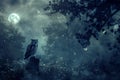 Owl Perching in a Moonlit Mystical Night. Generative AI