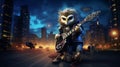 An owl plays the guitar, a rocker bird. nocturnal animal with yellow eyes