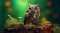 An owl poised on a tree stump with wide eyes