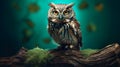 An owl poised on a mottled green background Royalty Free Stock Photo