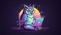 Owl Programmer Cartoon Owl Coding on Laptop, Retro Style Royalty Free Stock Photo